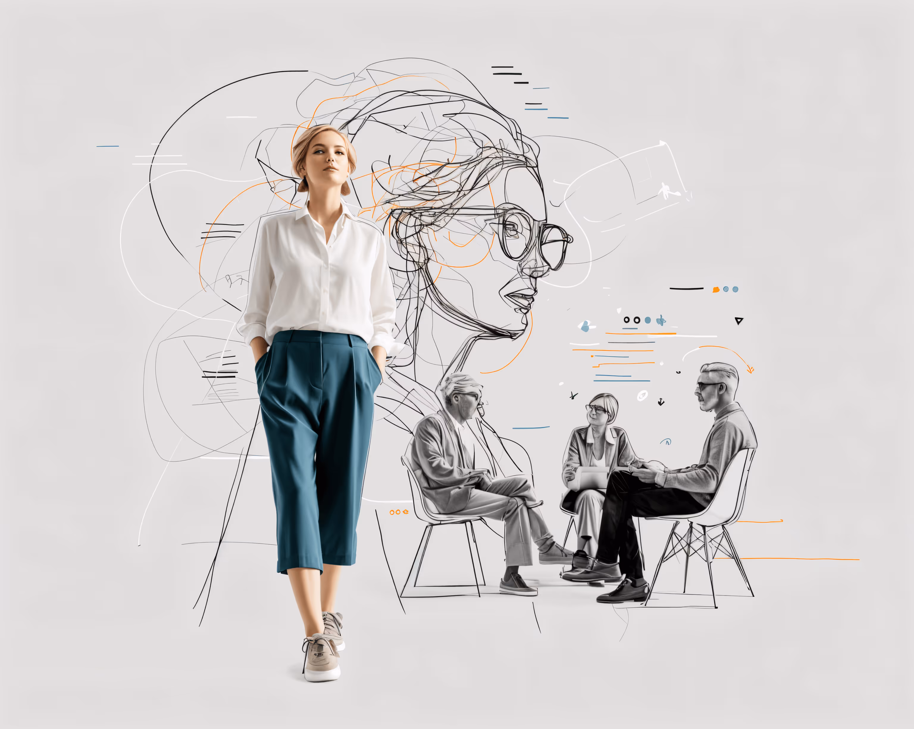 A bespoke, augmented human workplace setting dominated by a leader in control of the scene