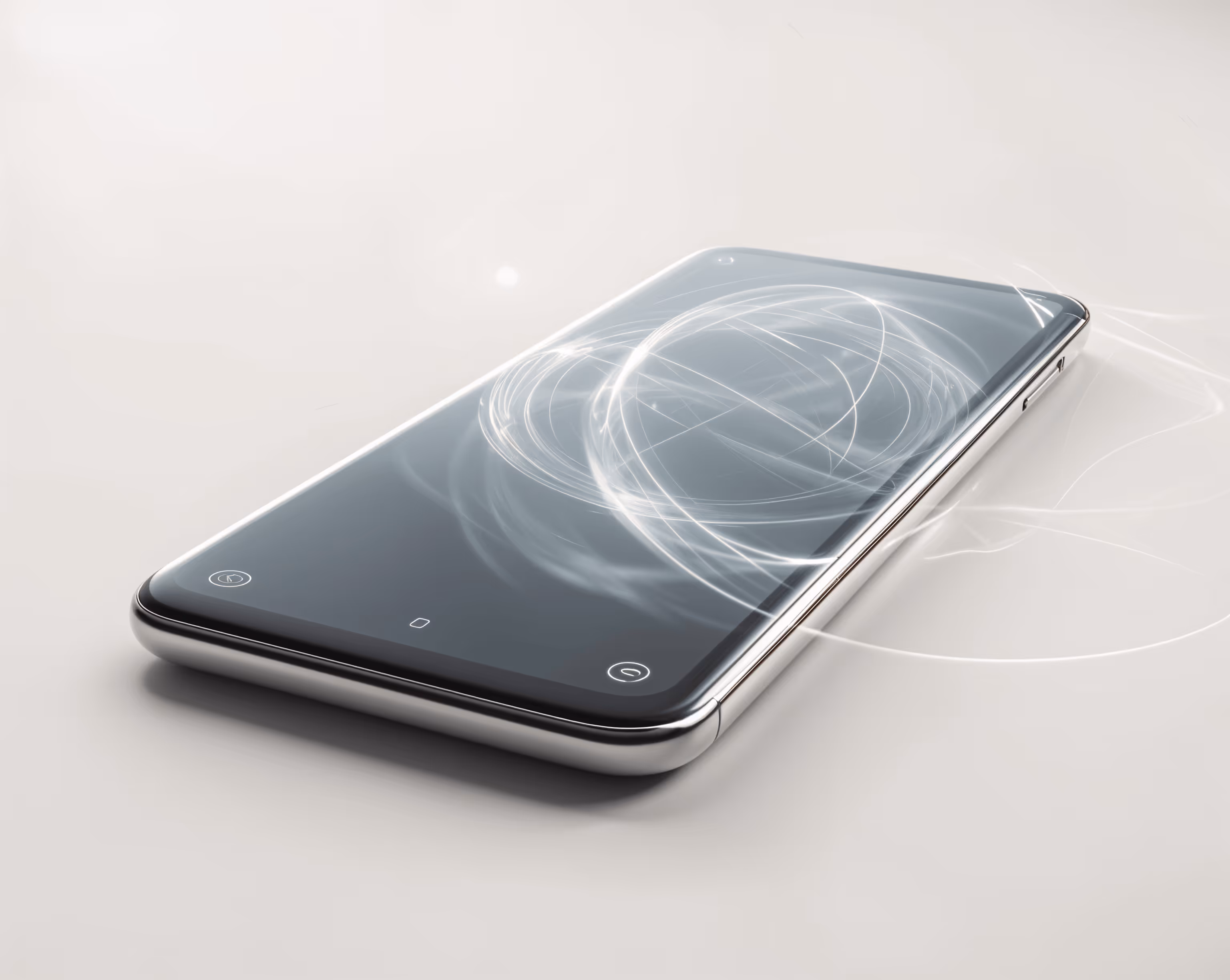 A smart phone with a whispering flow of information waving across the screen