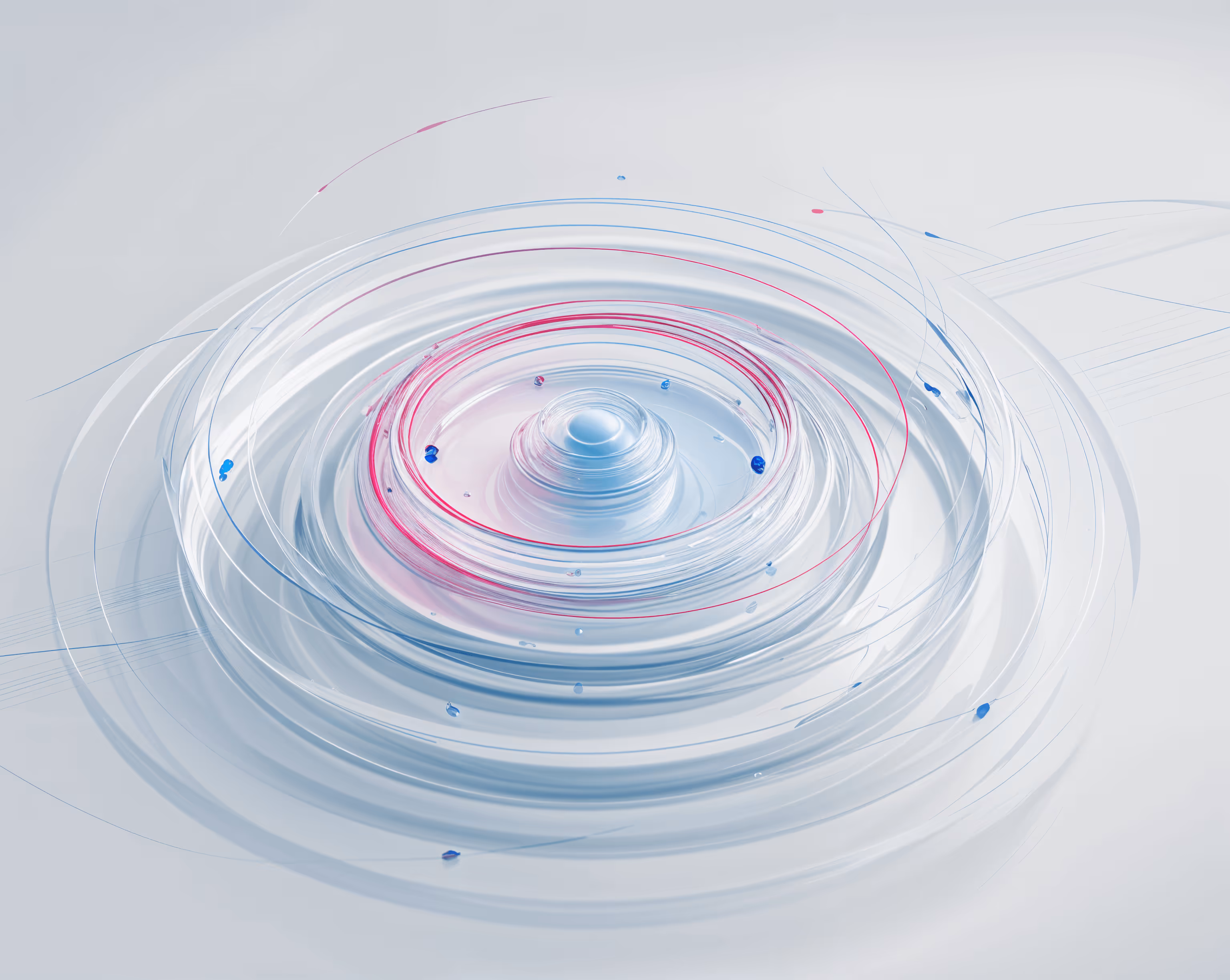 A minimal branded setting of a digital marble like orb hitting the centre of a fluid, translucent floor and creating digital ripples flowing from the core 
