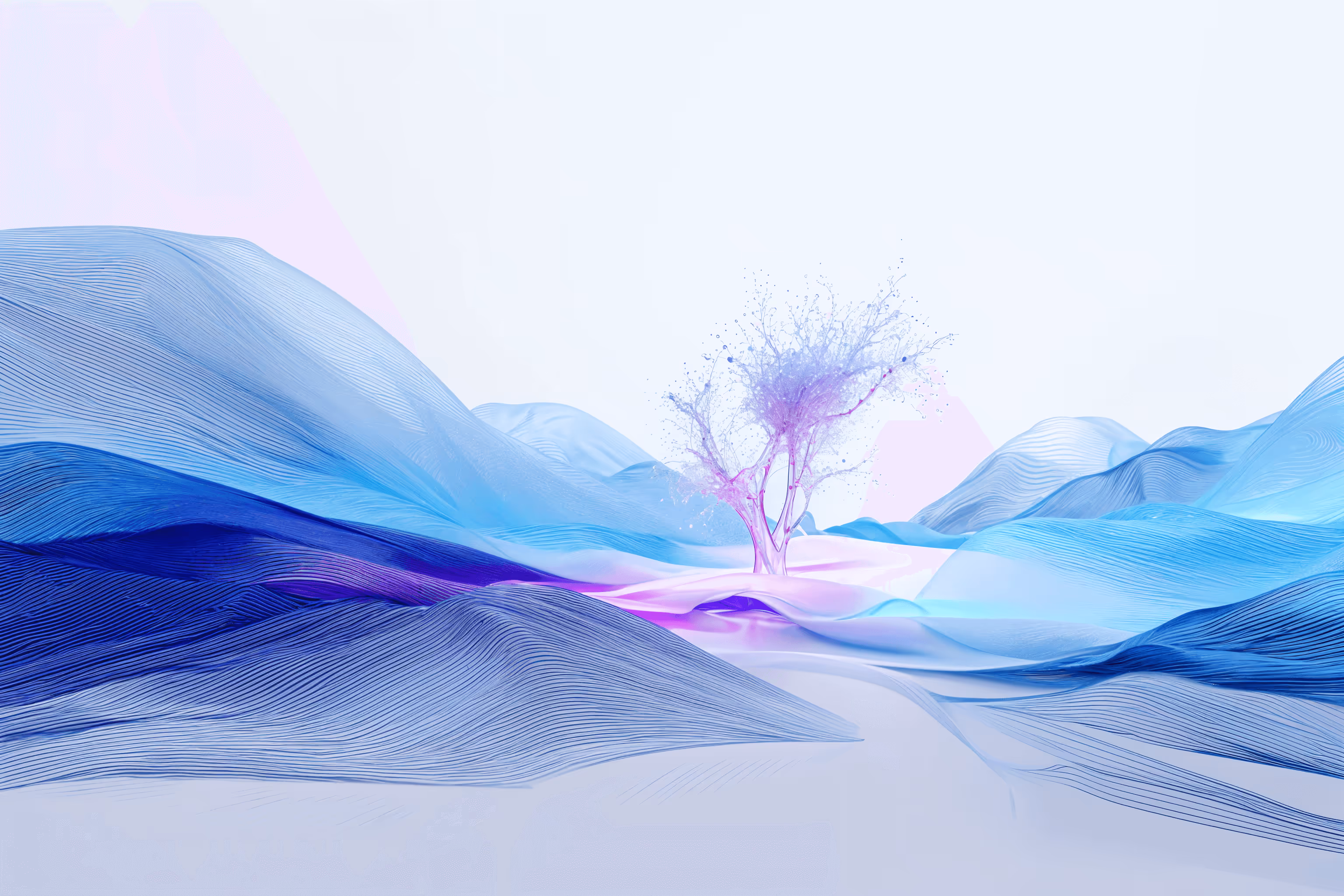 A digitalised idealistic landscape with hills all meeting at the bottom of a digital tree thats represents transformative growth
