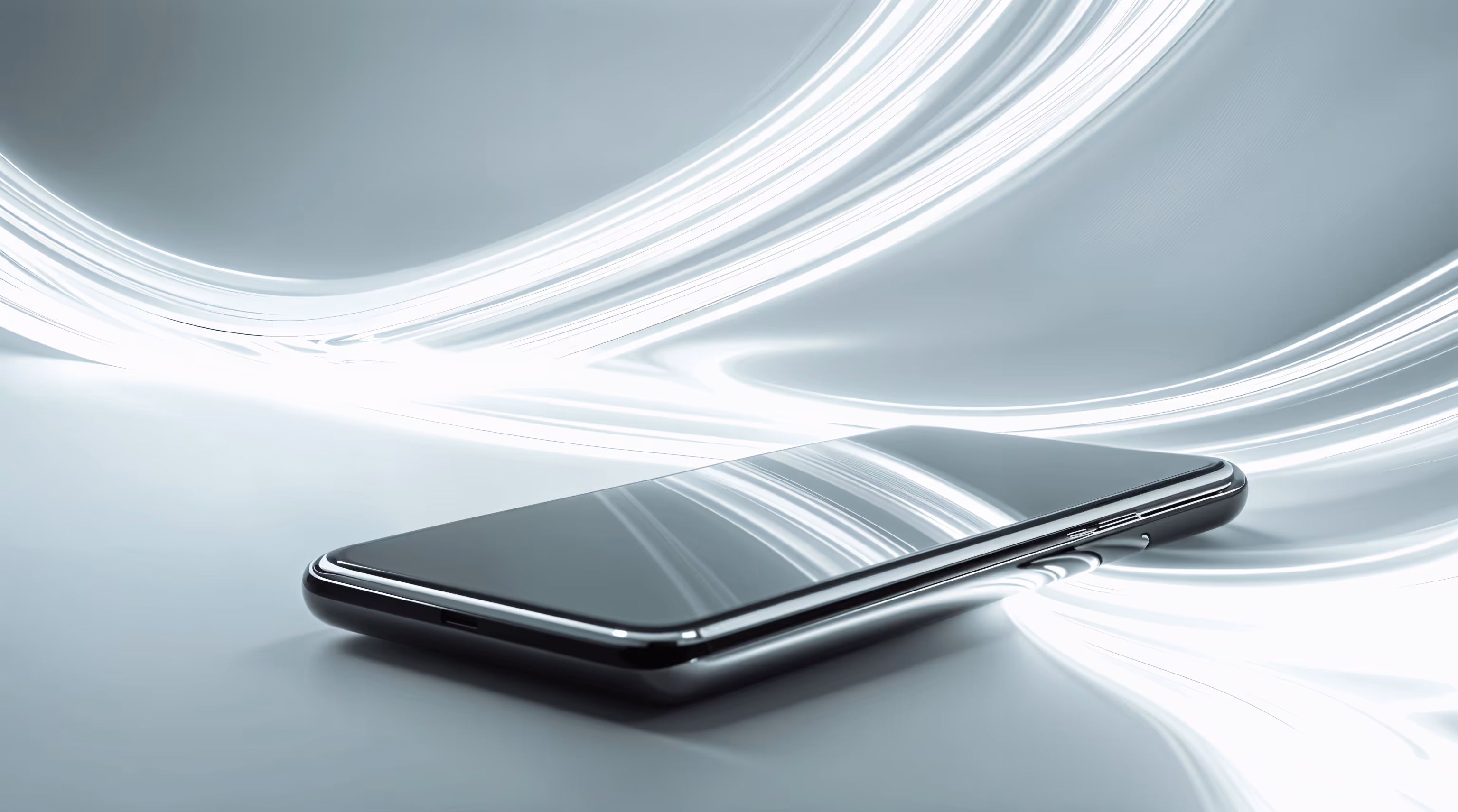 A smooth shinny smart phone amidst a flowing digital wave