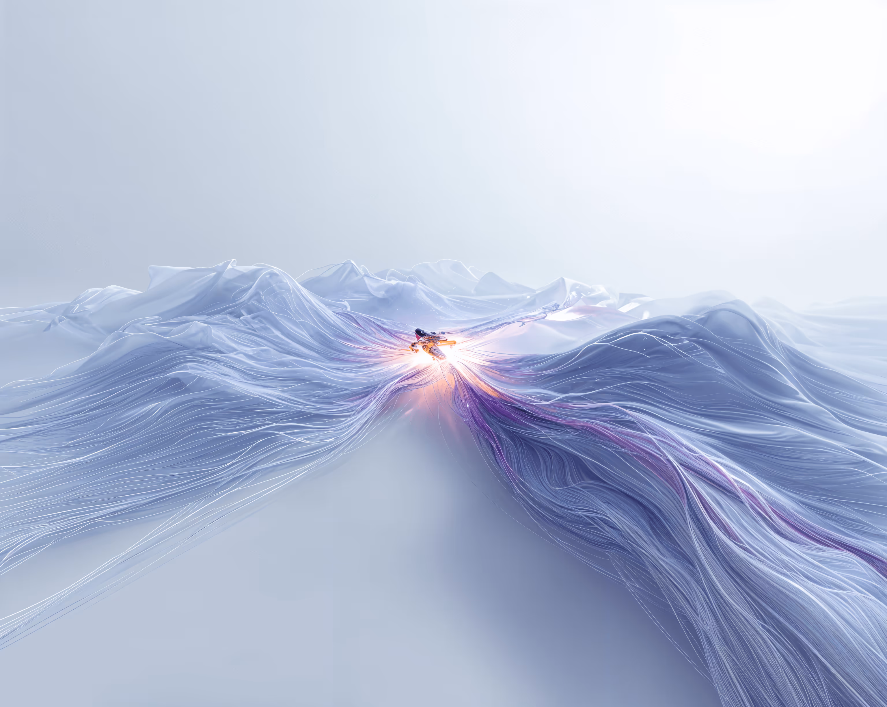 A bespoke, branded depiction of digital flowing communication lines aligned and meeting in at a glowing core