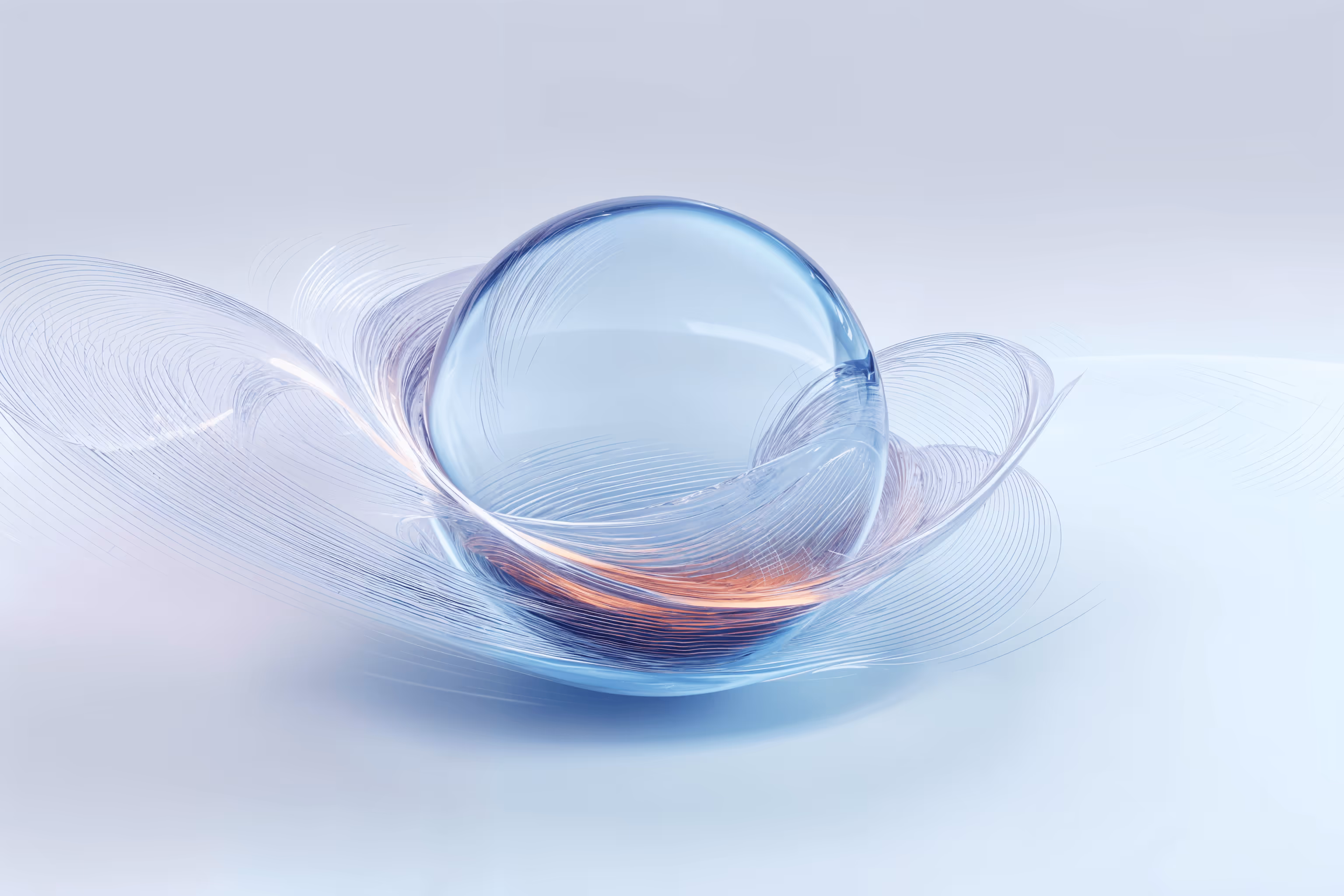 A transparent orb like crystal ball floating on a digital wave
