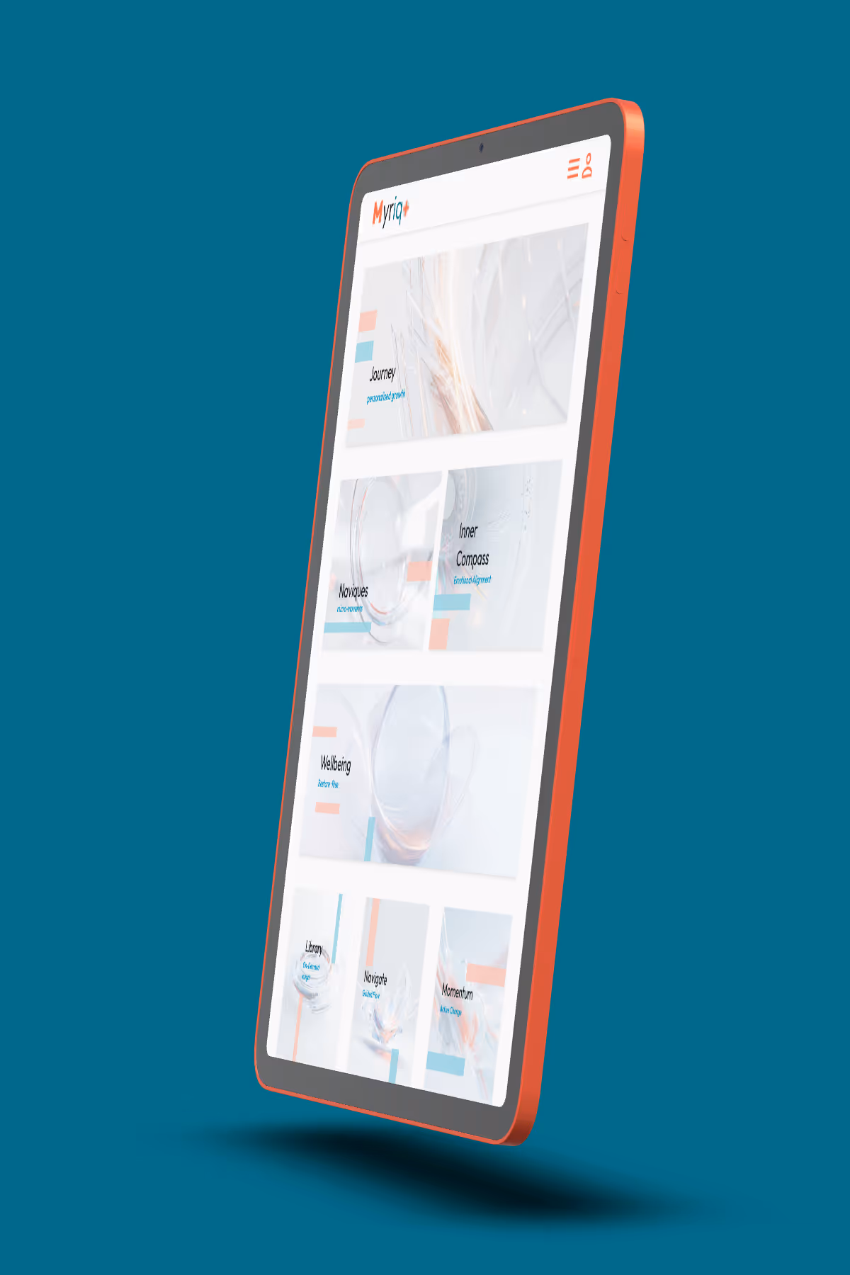 An angled view on branded background of Myriqos platform on iPad