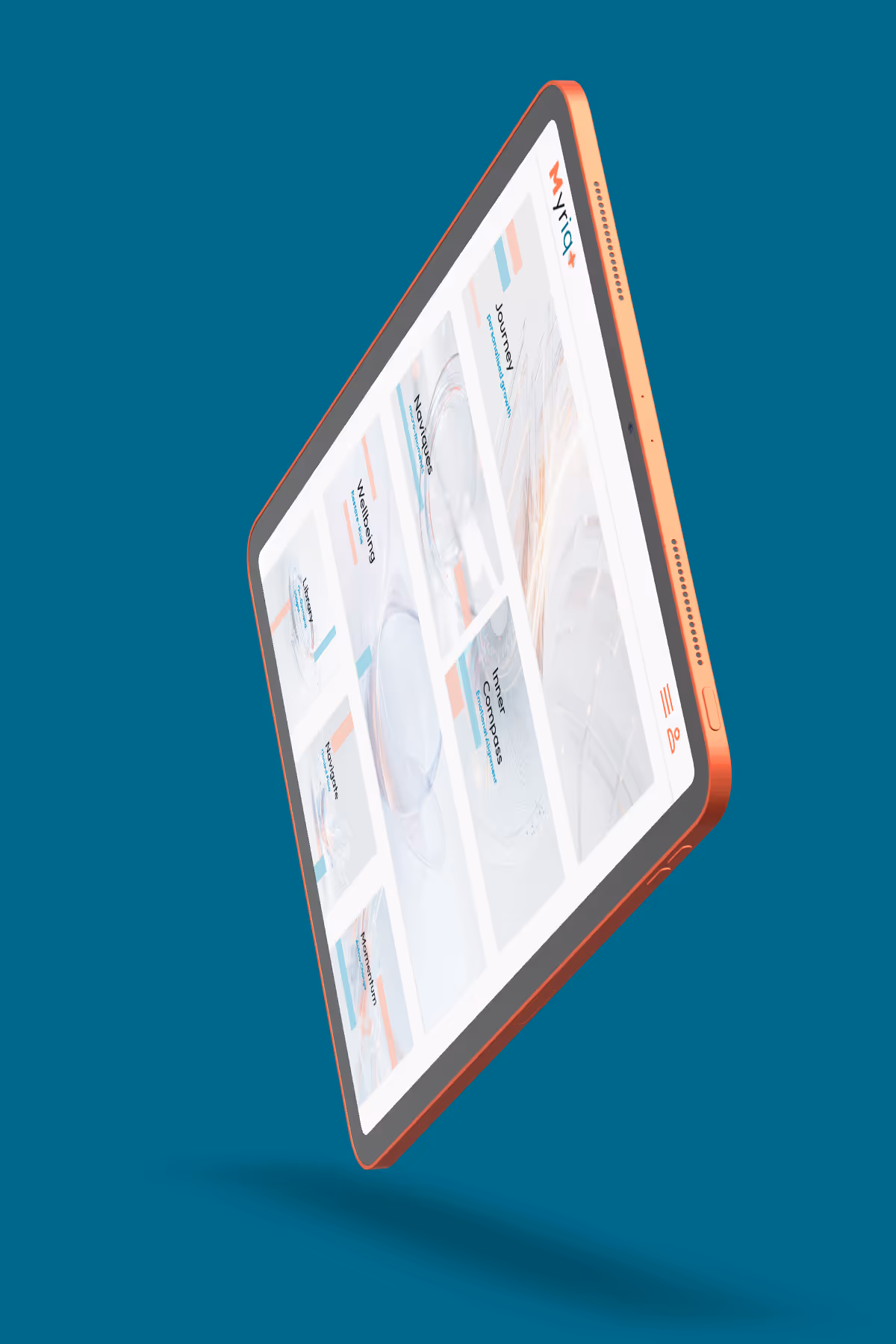 A birds view of the Myriqo Platform in action on a tablet within a branded frame 