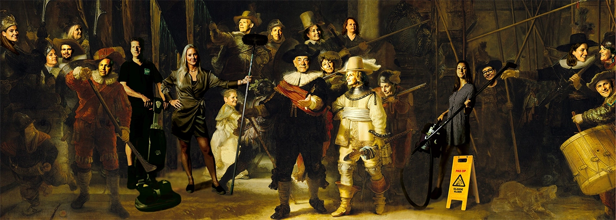 Bewerking van Rembrandts "De Nachtwacht", waarin meerdere personen vervangen zijn door medewerkers van een schoonmaakbedrijf met moderne schoonmaakapparatuur en attributen, zoals een boenmachine en waarschuwingsbord.