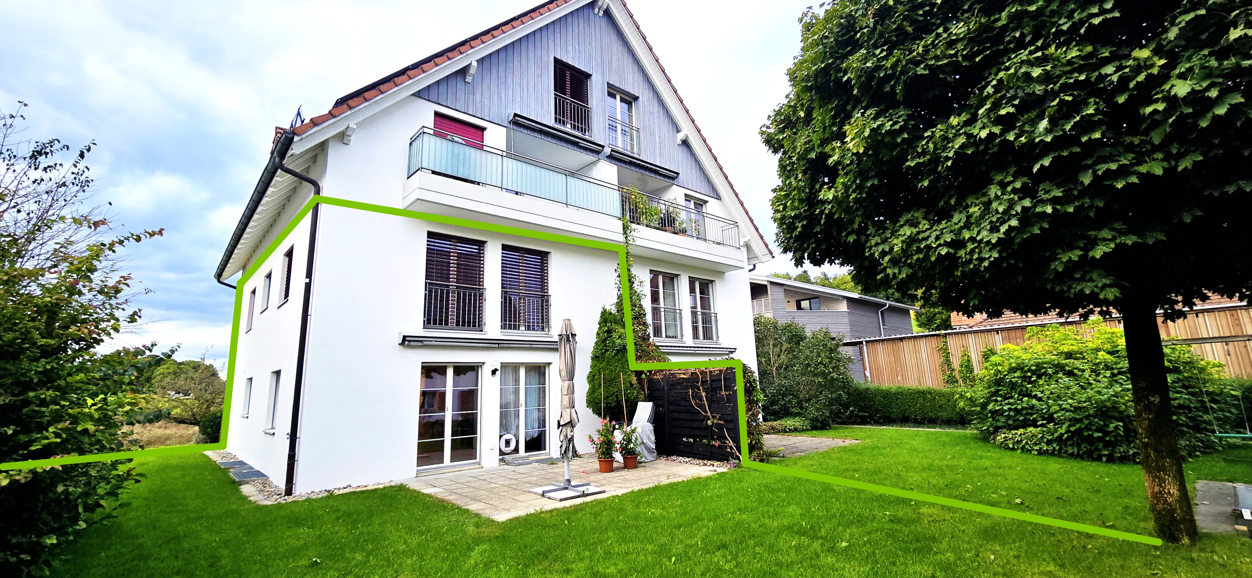 5.5-Zimmer Maisonette-Gartenwohnung Winkel – Aussenansicht