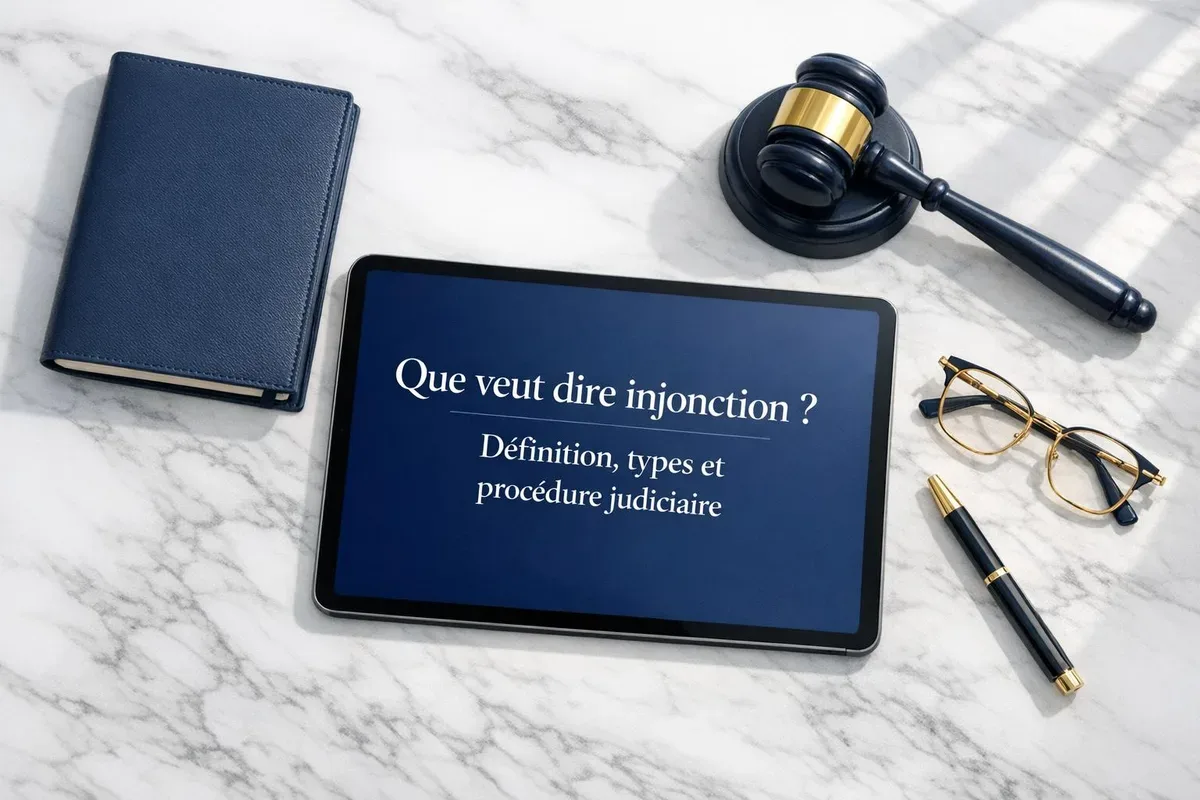 Juge en robe rendant une décision d'injonction dans un tribunal, marteau posé sur le bureau