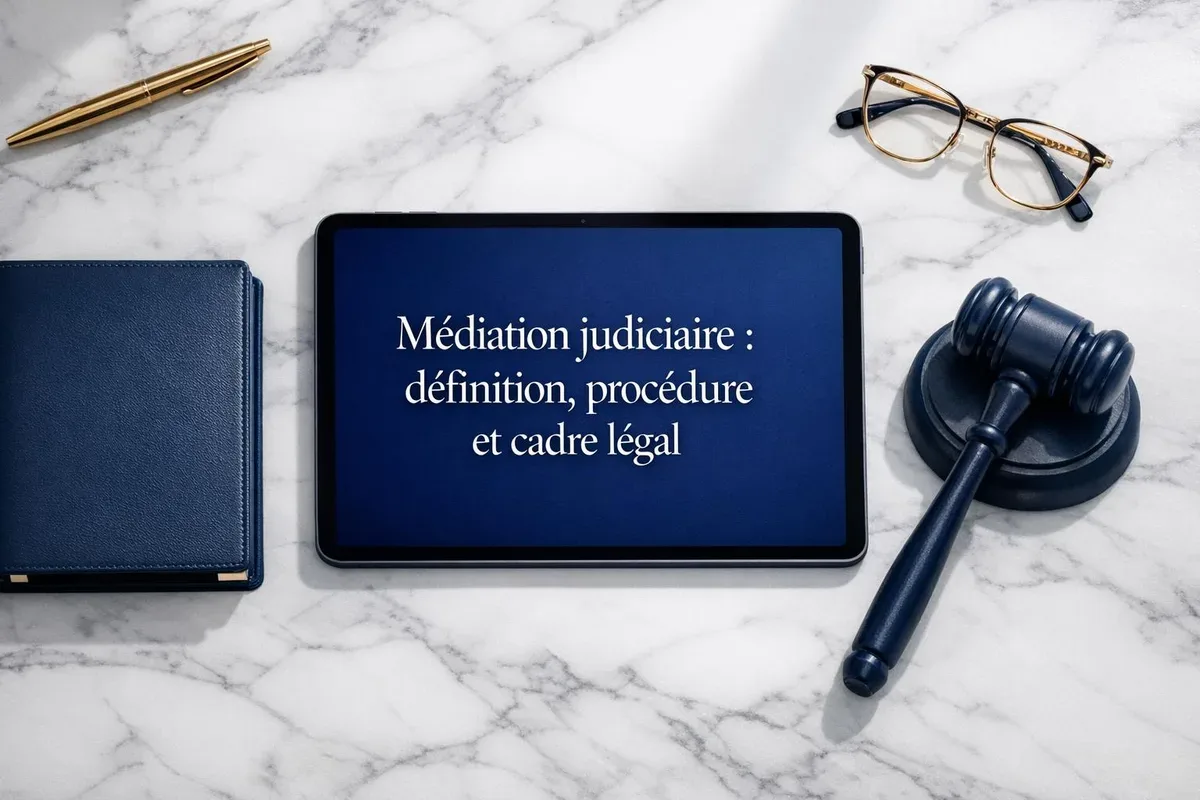 Médiateur conduisant une séance entre deux parties en présence de leurs avocats dans un cadre professionnel