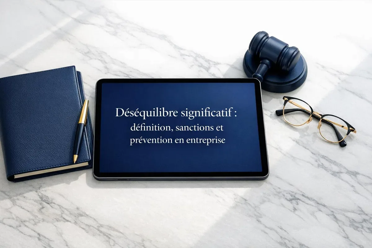 Deux professionnels analysant un contrat commercial avec une balance symbolisant l'équilibre contractuel