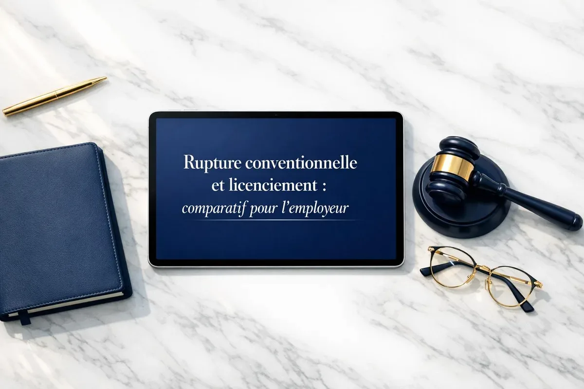 Employeur et salarié signant un document de rupture du contrat de travail dans un bureau professionnel