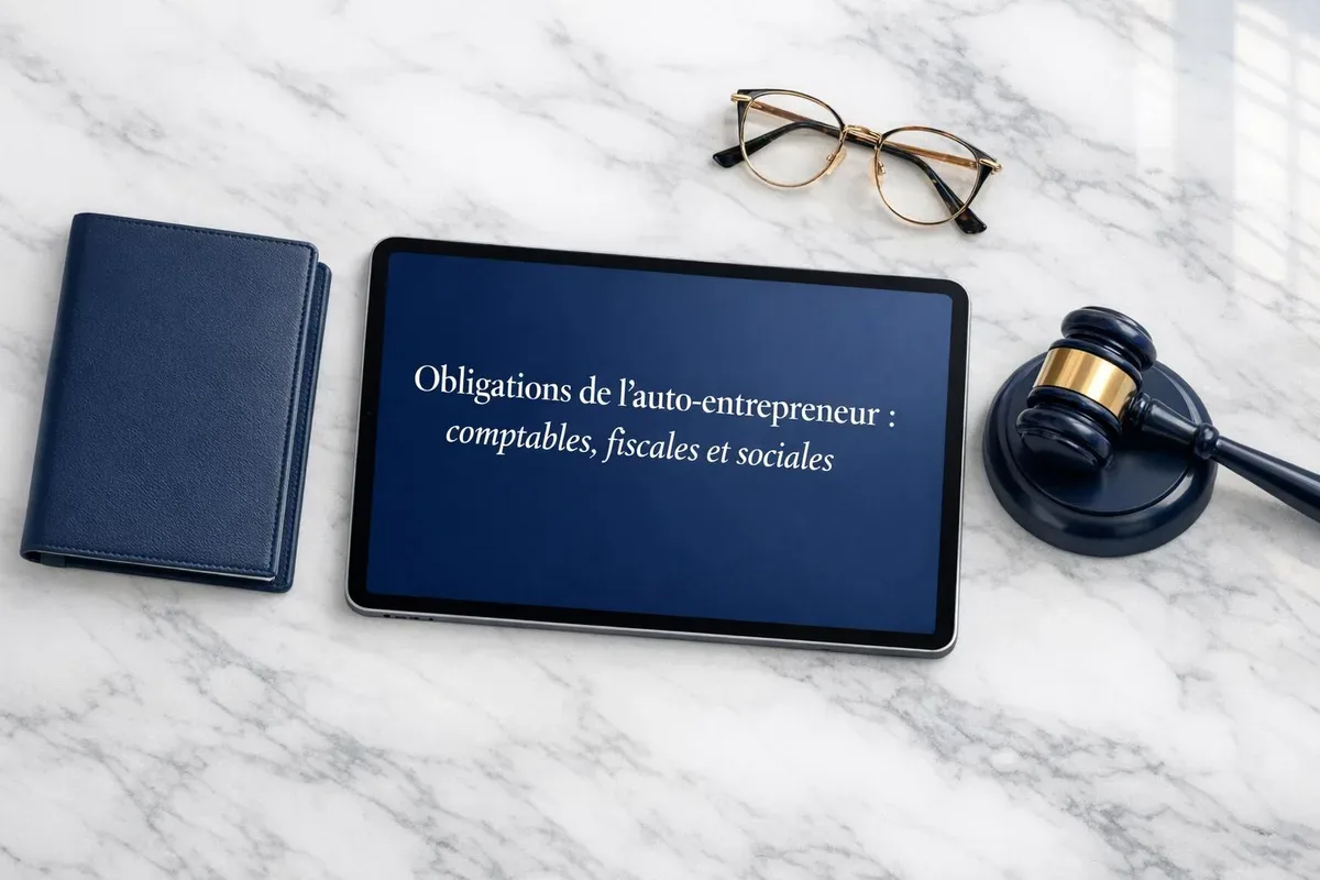 Auto-entrepreneur consultant ses documents administratifs et déclarations obligatoires sur un bureau organisé