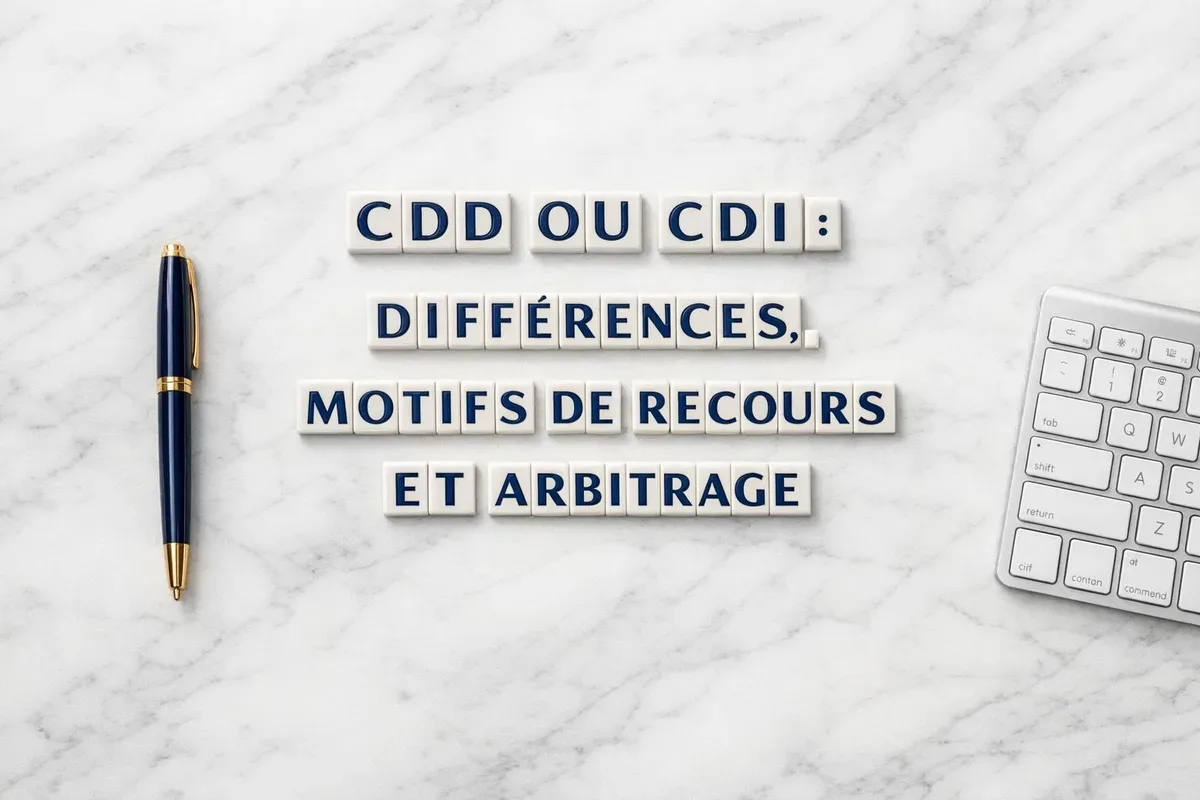 Contrat de travail et documents RH sur un bureau avec stylo, symbolisant le choix entre CDD et CDI