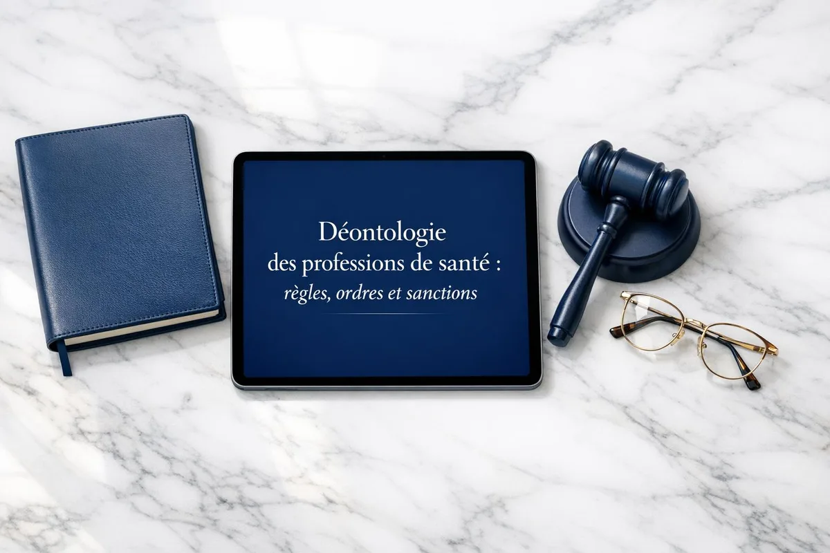 Professionnel de santé consultant le code de déontologie lors d'une consultation avec un patient