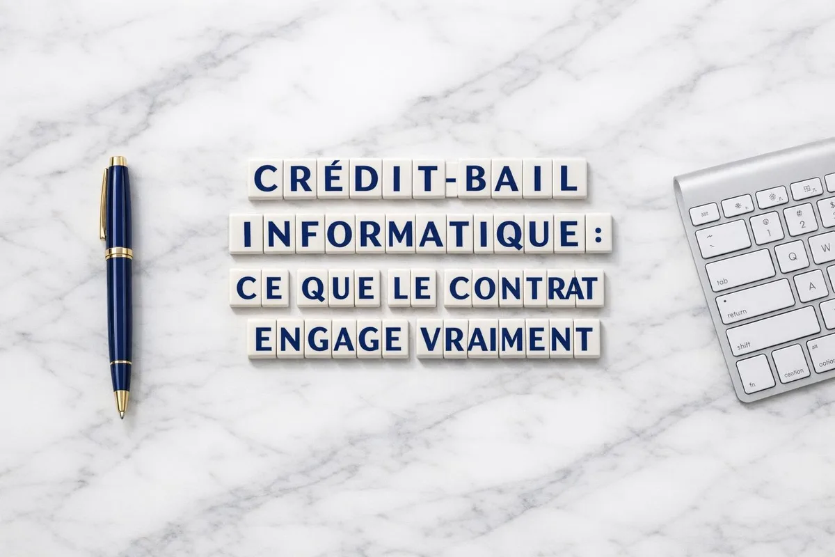Matériel informatique et document contractuel sur un bureau professionnel symbolisant l'engagement en crédit-bail