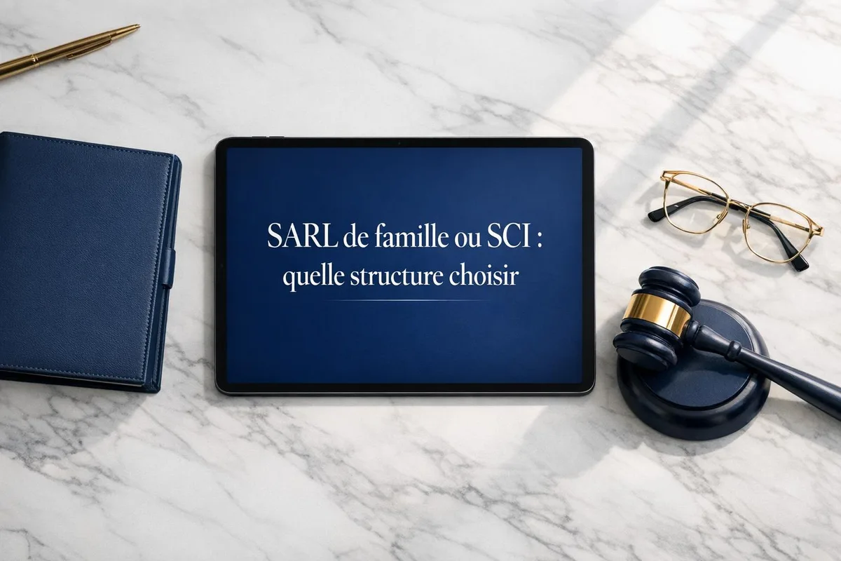 Réunion familiale autour d'une table examinant des documents de création de société patrimoniale