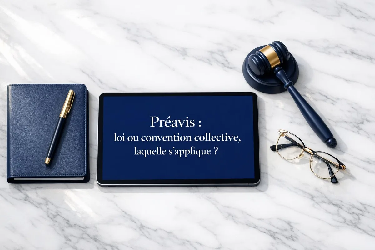 Calendrier et documents de contrat de travail illustrant la durée du préavis de démission ou licenciement