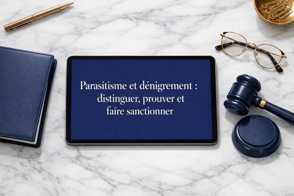 Professionnel du droit examinant des documents de concurrence déloyale sur son bureau avec balance de justice