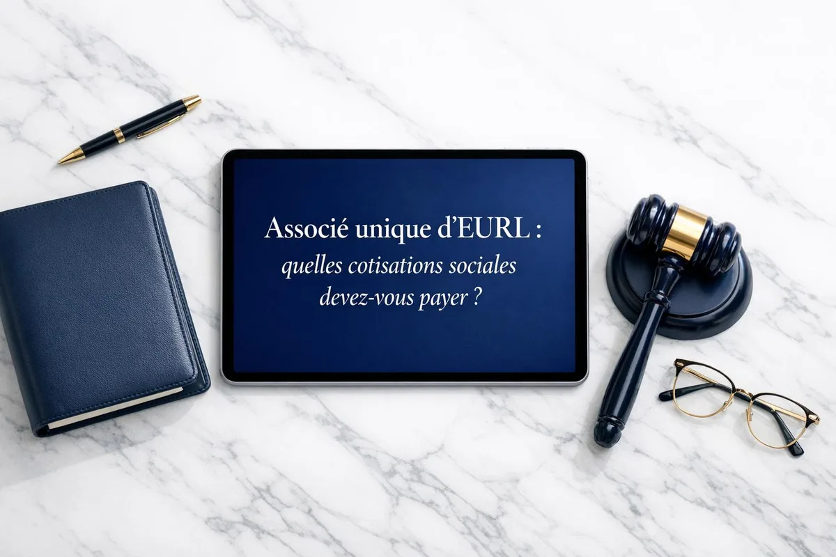 Gérant d'EURL examinant les déclarations de cotisations sociales sur son bureau avec documents administratifs