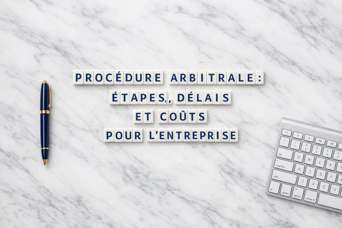 Arbitres délibérant autour d'une table de réunion avec documents contractuels et codes de procédure