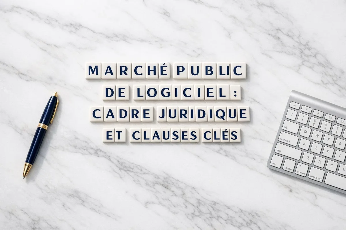 Écran d'ordinateur affichant un contrat administratif avec code-barres et clauses techniques de fourniture logicielle
