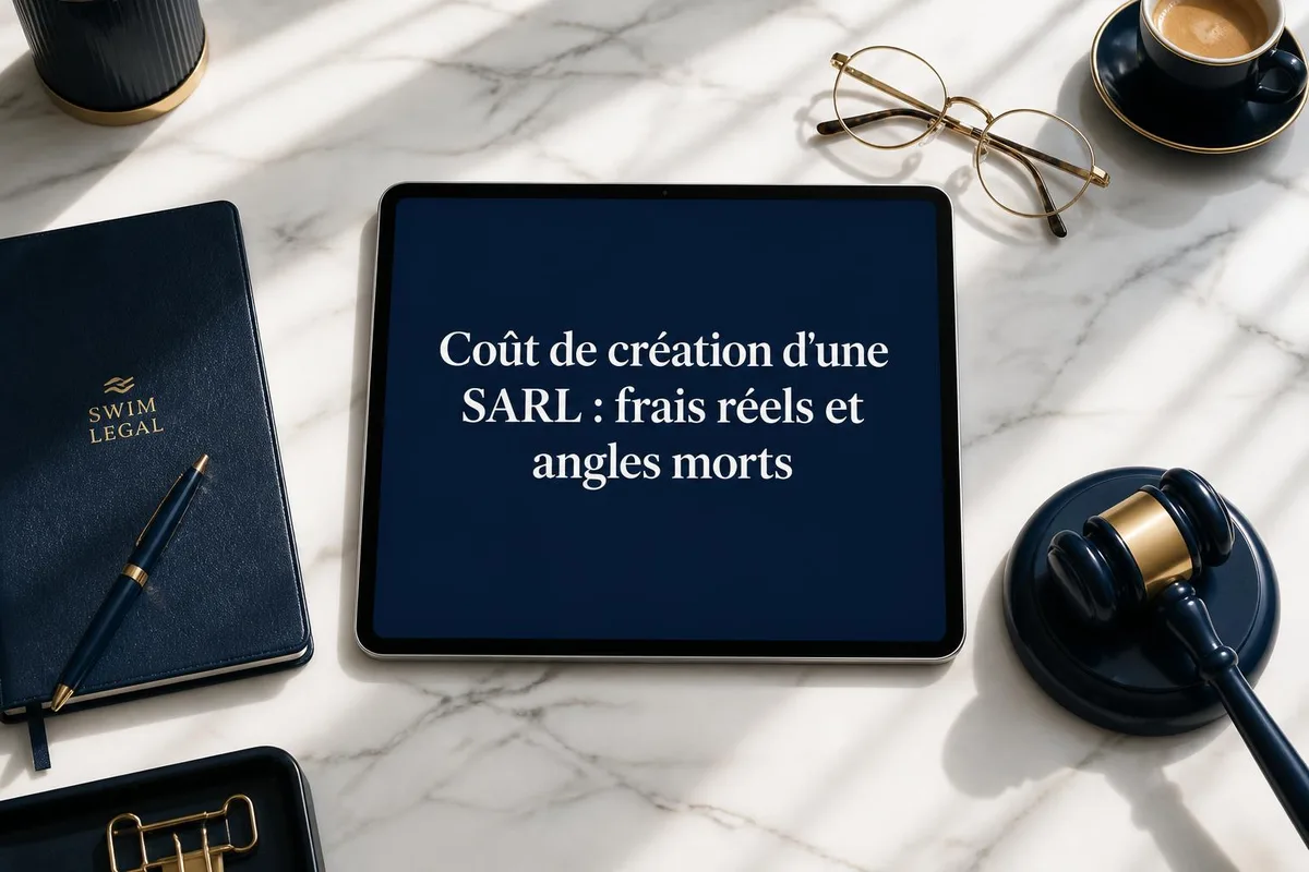Associés signant les statuts d'une SARL devant documents administratifs et calculatrice