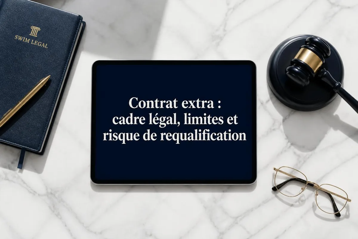 Collaborateurs en réunion examinant des documents contractuels et dispositifs juridiques encadrant le travail temporaire