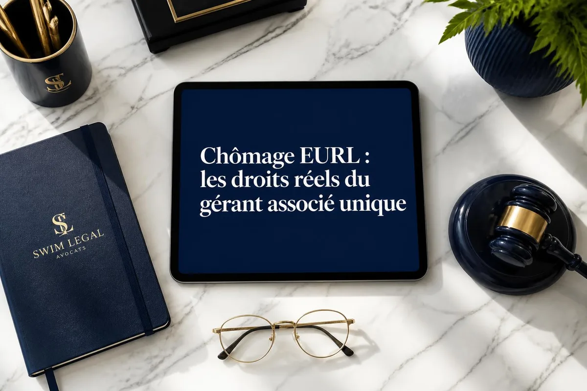 Gérant d'EURL examinant un dossier d'allocation chômage avec documents administratifs Pôle emploi sur un bureau