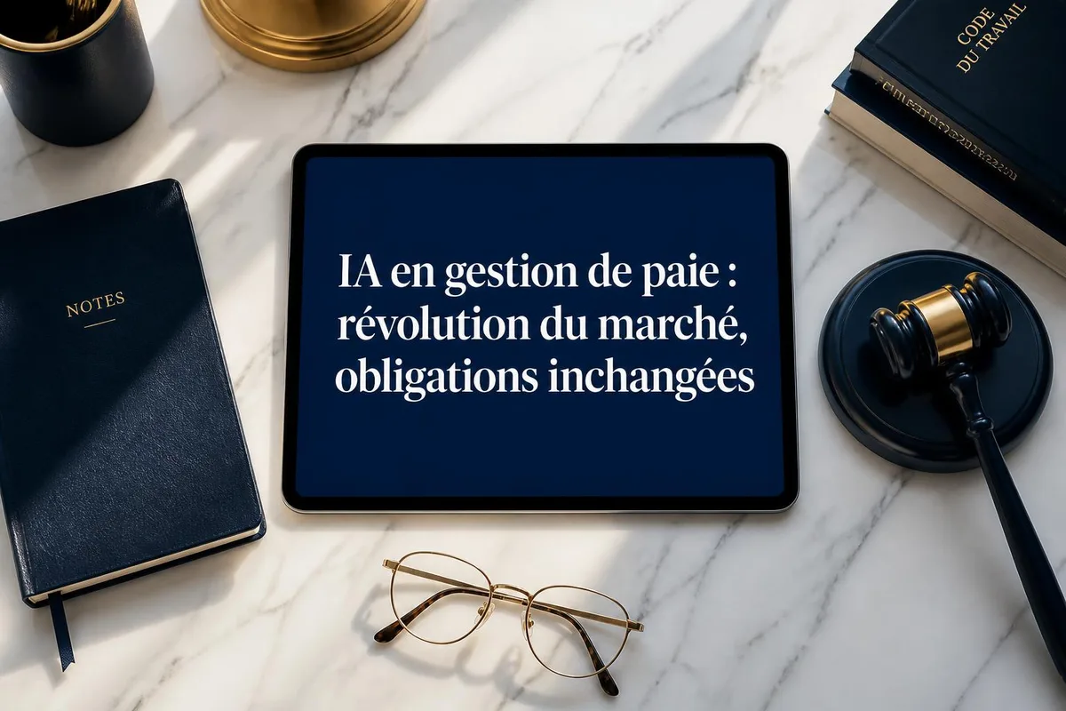 Écran affichant un logiciel de paie automatisé avec données RH et conformité sociale en arrière-plan