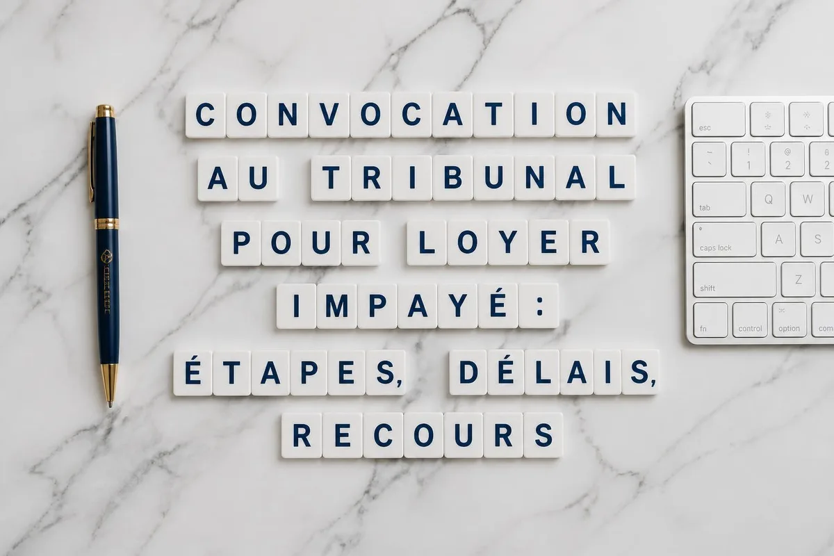 Locataire recevant une convocation judiciaire pour impayés de loyer avec documents officiels du tribunal