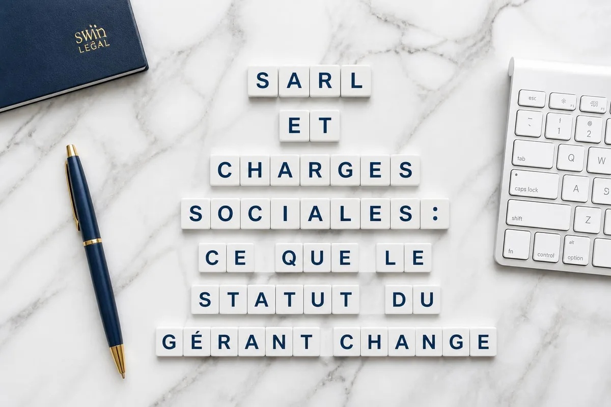 Gérant de SARL examinant des documents de cotisations sociales sur un bureau avec calculatrice et graphiques financiers