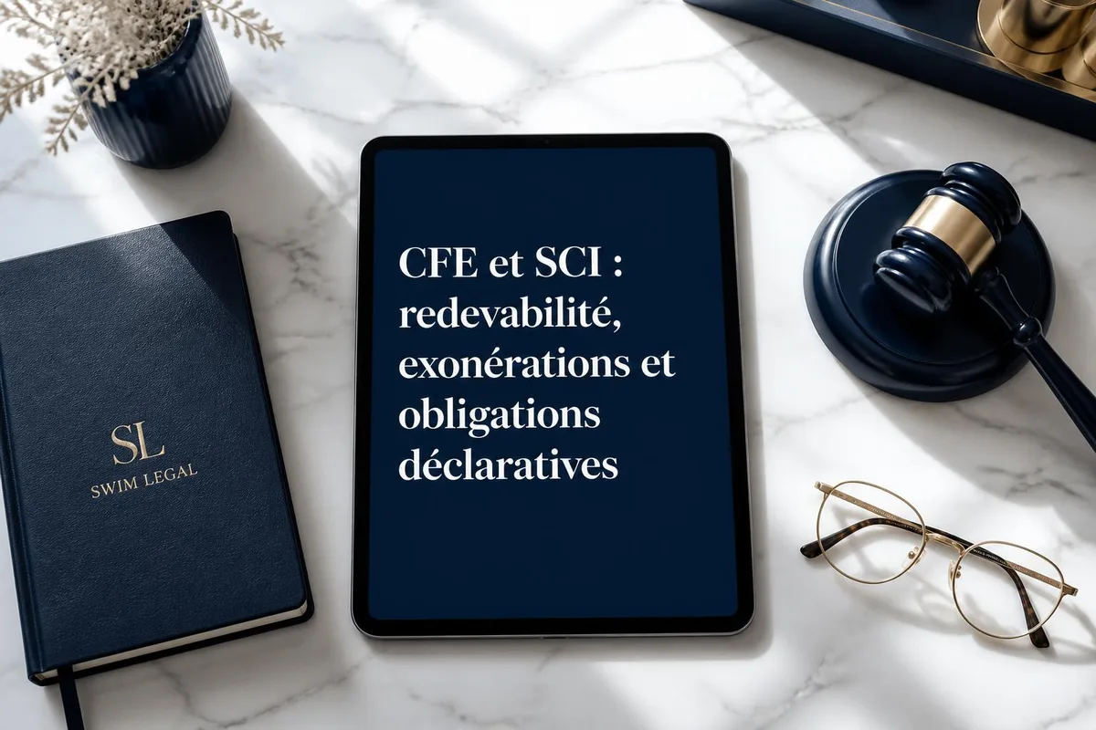 Formulaire de déclaration CFE posé sur un bureau avec des documents de société civile immobilière