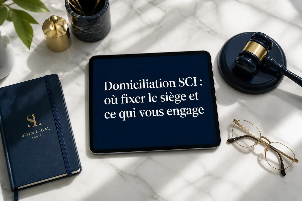 Salle de réunion avec documents de société civile immobilière et registre officiel sur table de travail