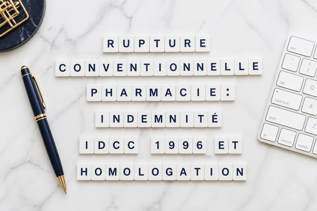 Pharmacien et employé signant un accord de rupture à l'amiable dans une officine
