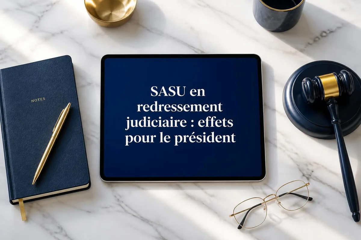 Président de SASU examinant des documents juridiques lors d'une procédure collective devant un tribunal de commerce