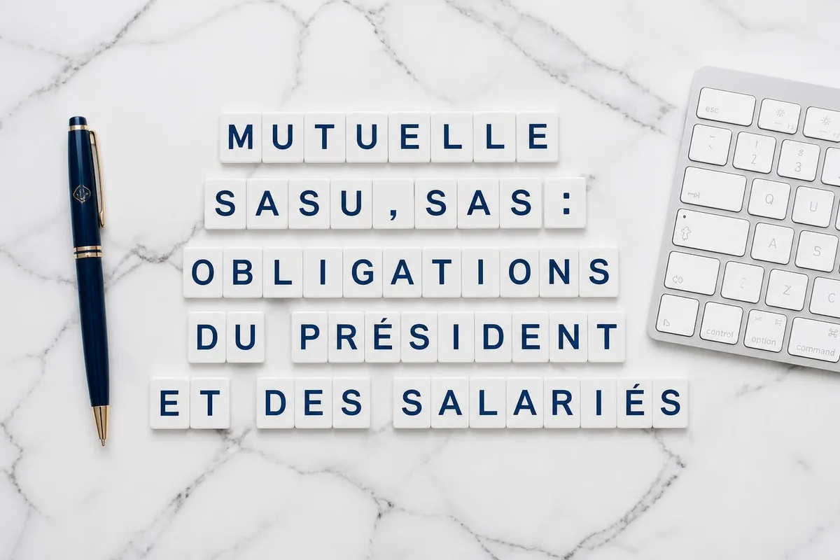 Président de SASU consultant un contrat de mutuelle d'entreprise sur son bureau avec documents administratifs