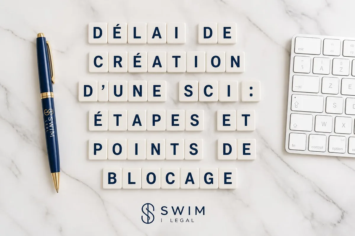 Dossier de statuts de SCI posé sur un bureau avec tampon d'enregistrement et documents administratifs