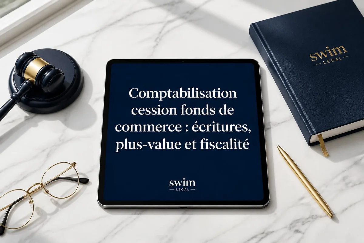Acte de cession de fonds de commerce, livre comptable et calculatrice posés sur un bureau, avec un stylo prêt à signer