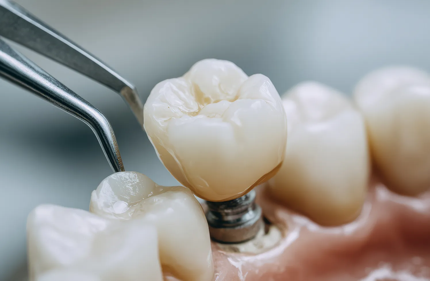 A close up of a dental crowns installation
