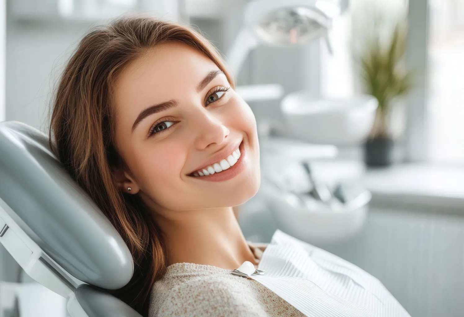 A woman sitting in a dentist chair smiling