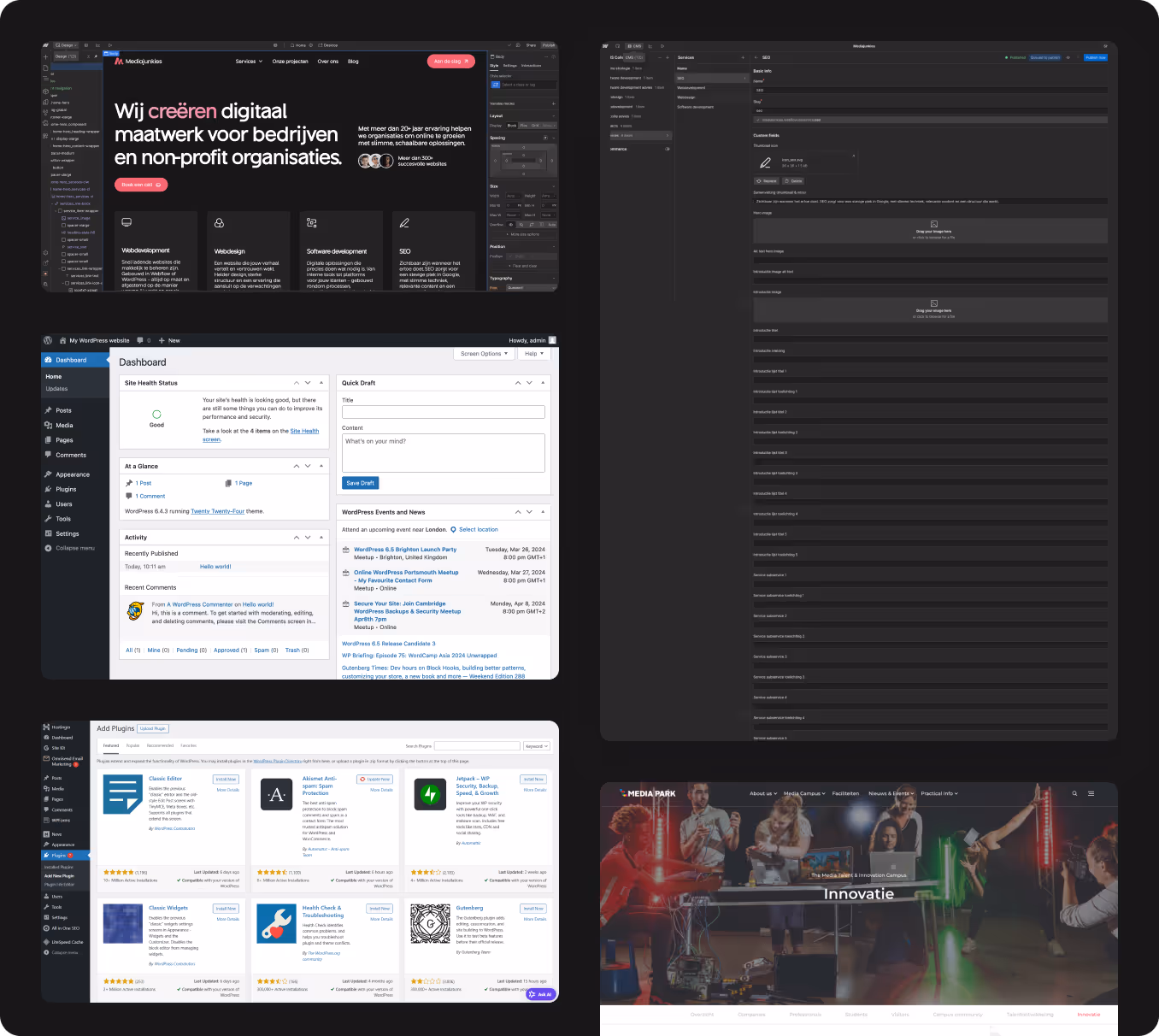 Technisch overzicht van Webflow en WordPress CMS dashboards voor websitebeheer.