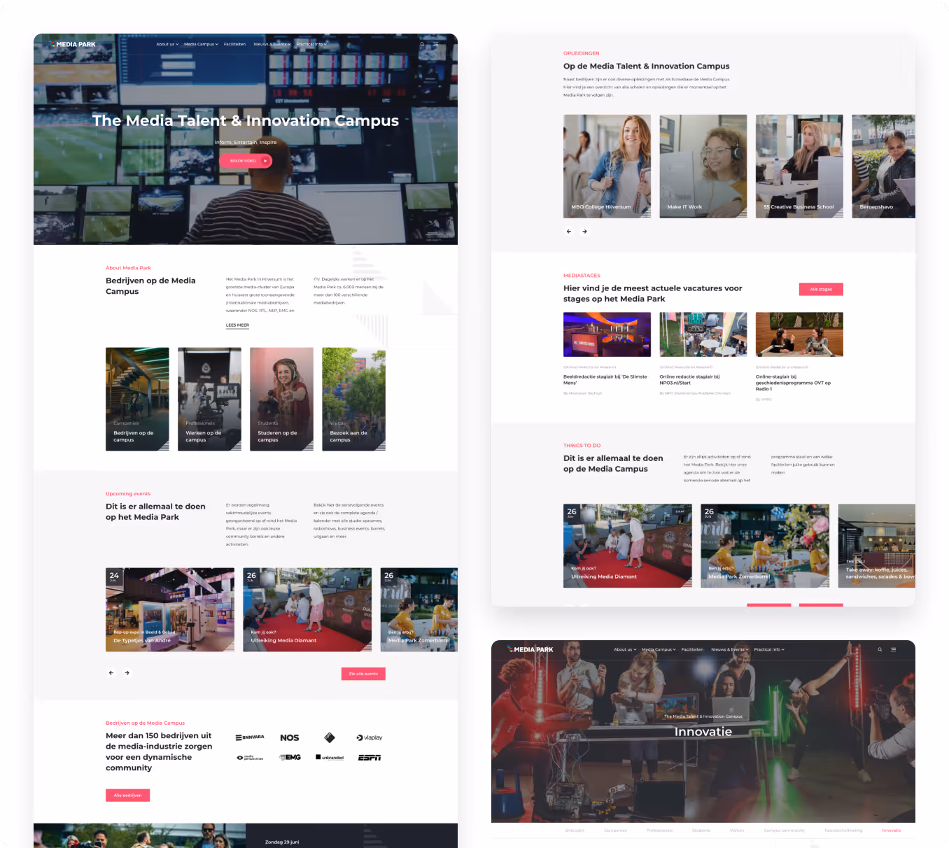 Websiteontwerp van Media Park Campus met opleidingen, bedrijven en evenementen.