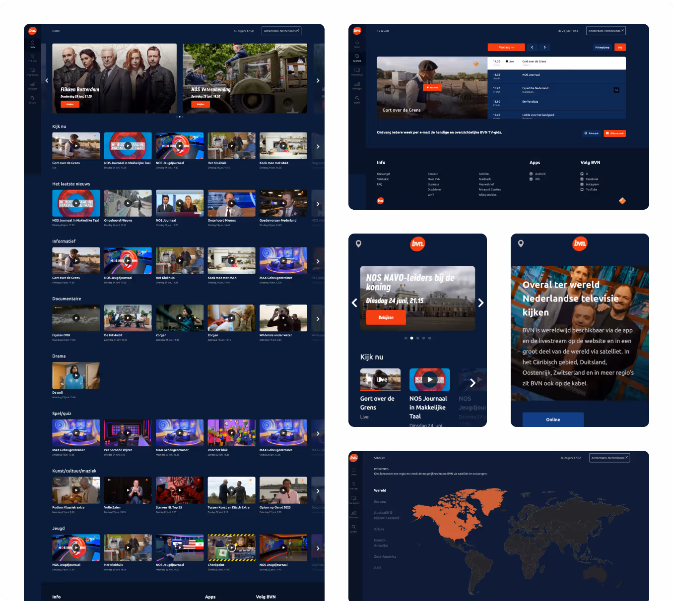 Interfaceontwerp van een videoplatform met live tv, programma’s en kaartweergave.