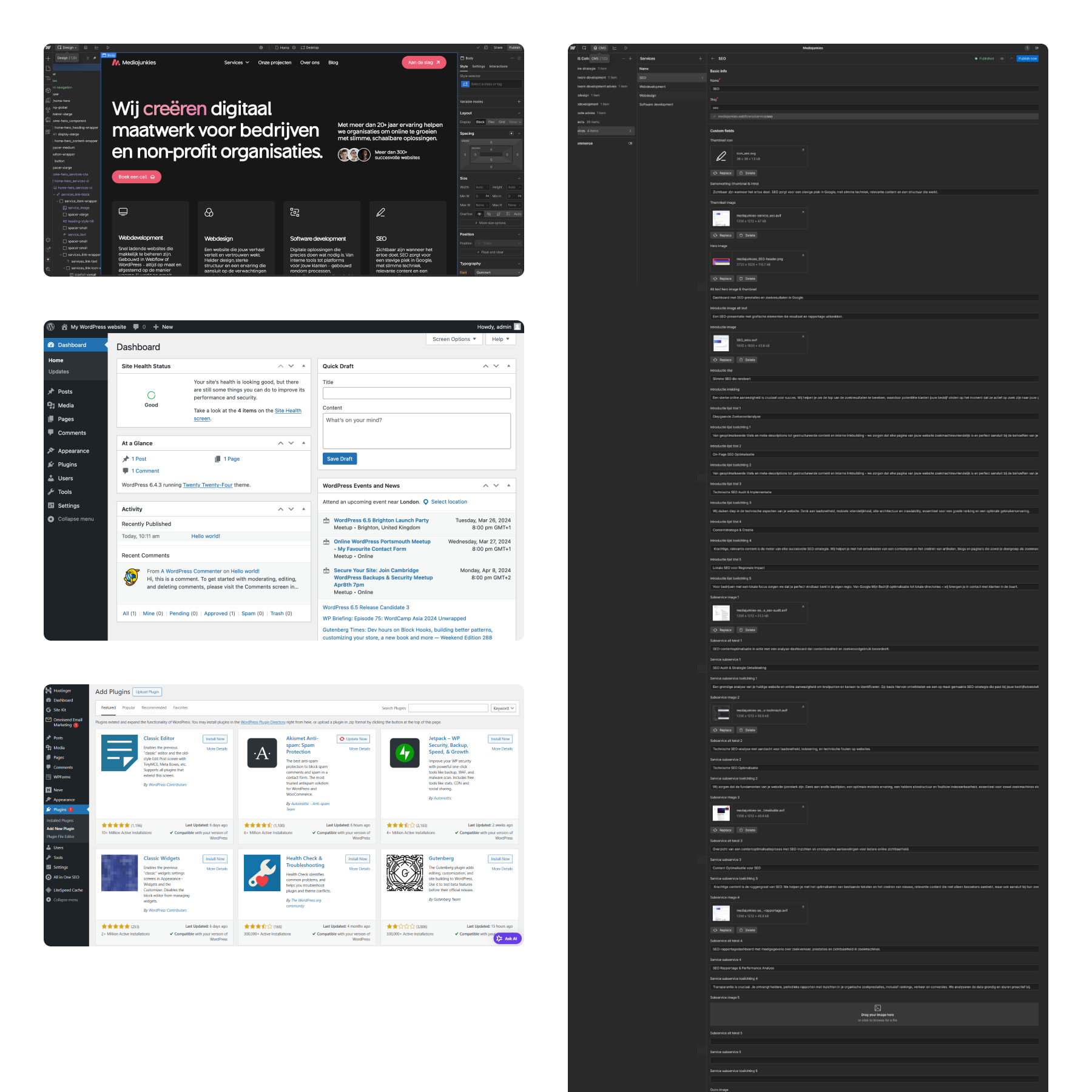 Overzicht van Webflow en WordPress dashboards, inclusief pluginbeheer en content management interface.