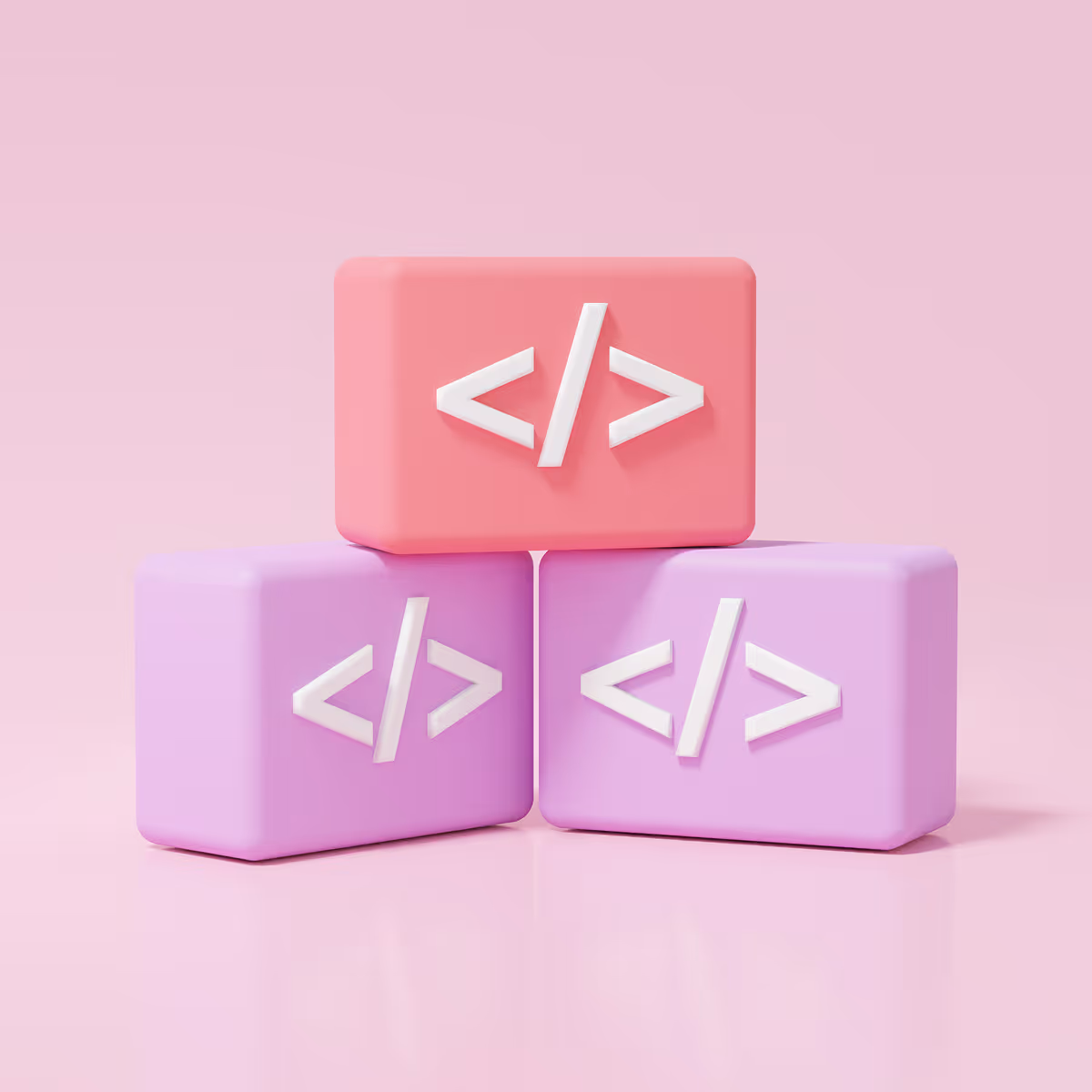 3D-blokken met HTML-code icoon in pastelkleuren op een roze achtergrond.