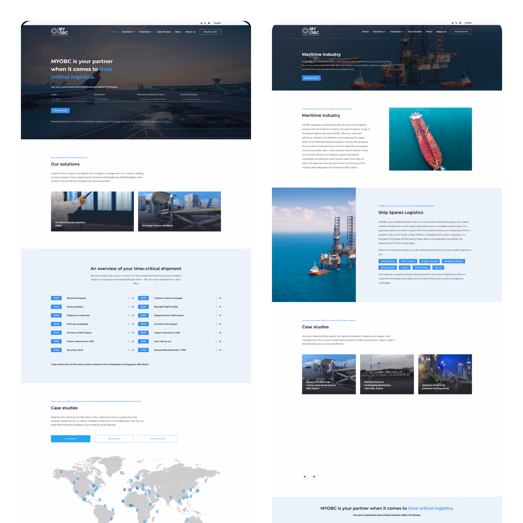 Twee screenshots van de MYOBC-website met focus op logistieke oplossingen voor de maritieme industrie, inclusief case studies en wereldwijde locaties.