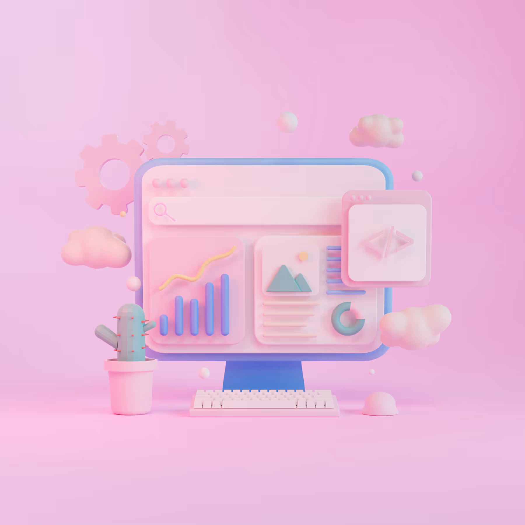 3D-illustratie van een computerscherm met grafieken, afbeeldingen en interface-elementen, omringd door wolken, een cactus en tandwielen op een roze achtergrond.