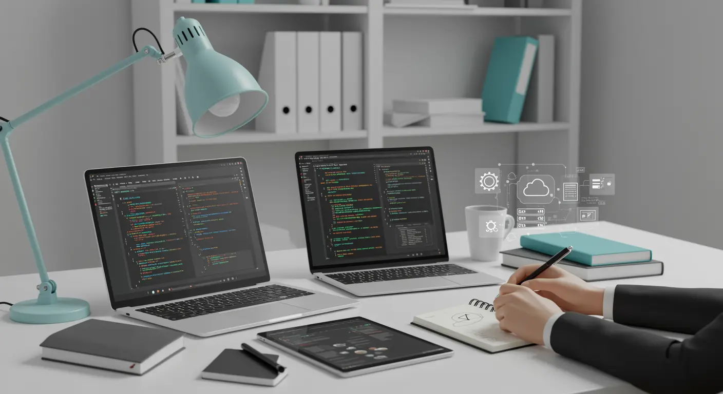 Persoon maakt aantekeningen in notitieboek naast laptop met software-interface en tablet met wireframe-UI in moderne kantoorruimte.