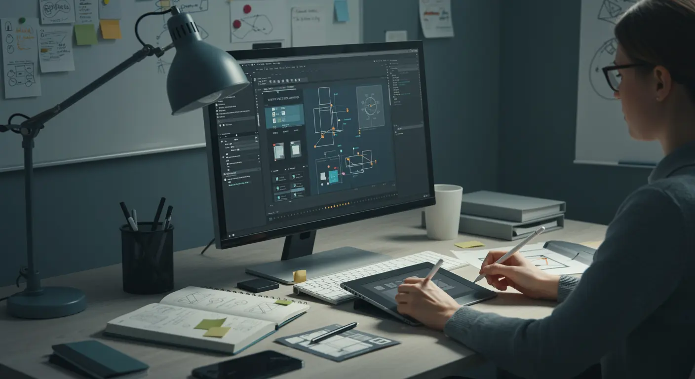 Moderne werkplek met handen die wireframes ontwerpen op beeldscherm, omringd door tablet, toetsenbord en schetsboek met layouts.