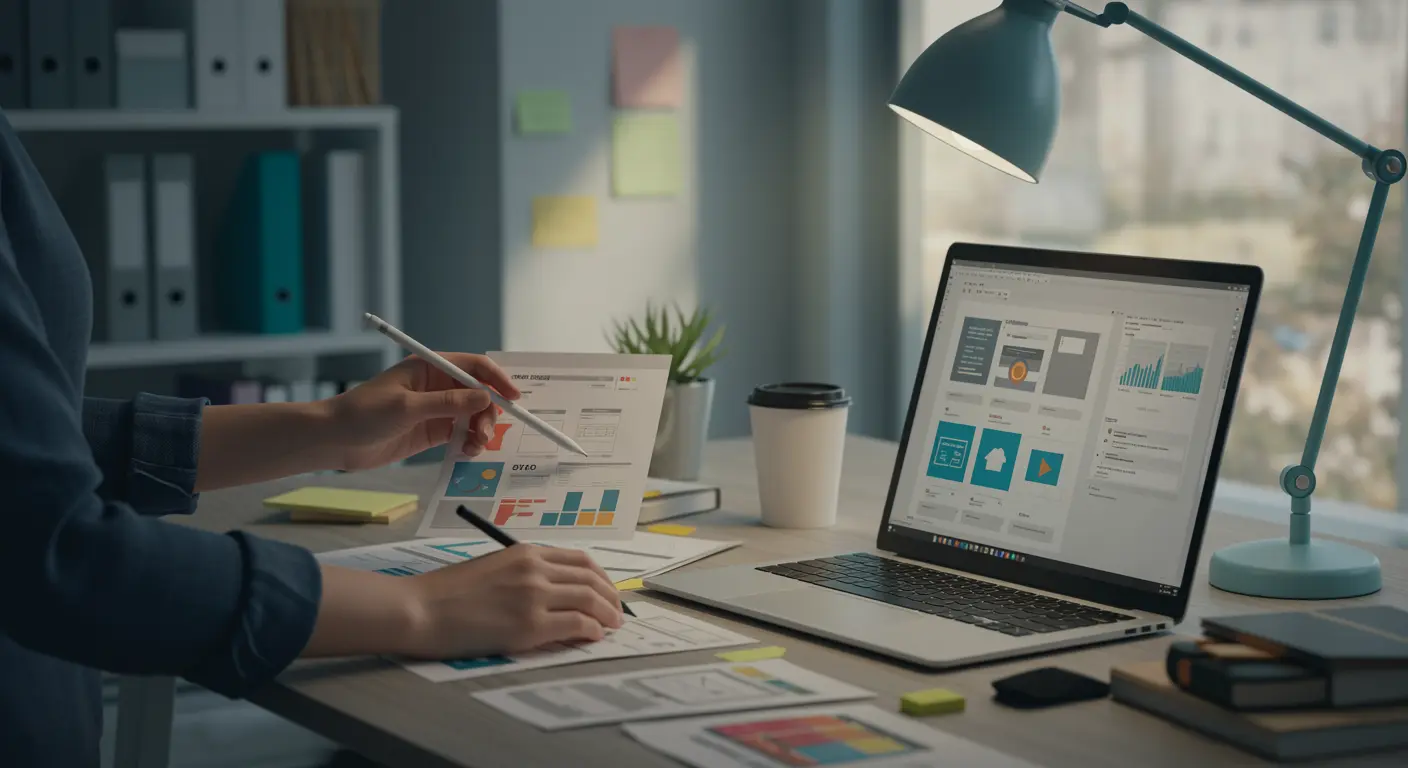 Handen in zakelijke kleding werken samen aan webdesignconcepten op modern bureau met tablet, wireframes en kleurstalen.
